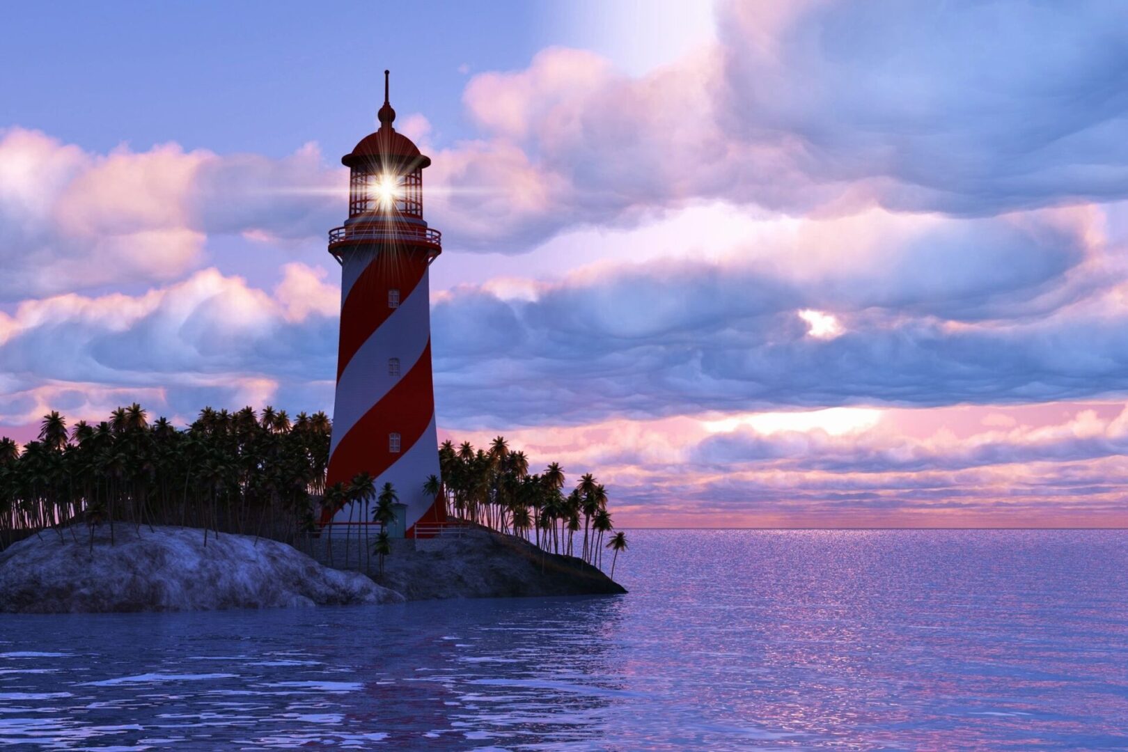 A lighthouse on the water with palm trees in front of it.